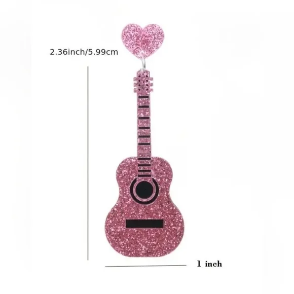 Pink Glitter Acrylic Guitar Earrings - Picture 3 of 4